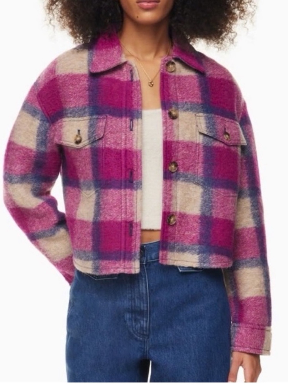 Aritzia Pink Plaid Cropped Wool-Blend Jacket